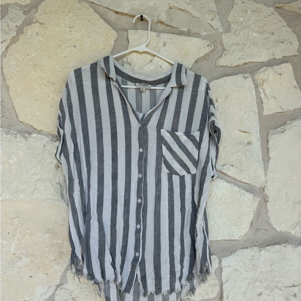 Umgee Grey and White Striped Button Down Shirt